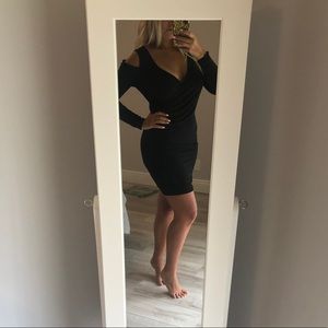 Cold shoulder surplice dress. Figure flattering